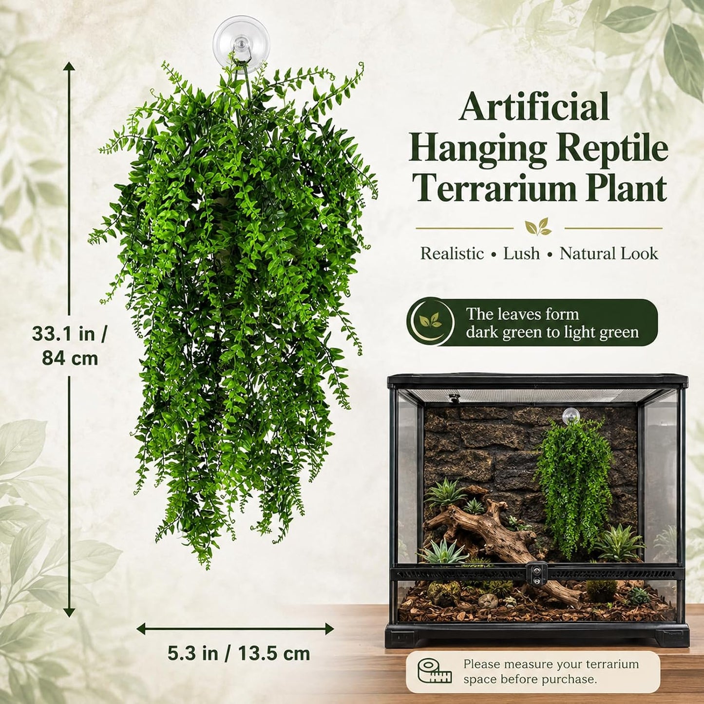 2 Pack Reptile Plants, Terrarium Hanging Plants Vines Artificial Leaves Habitat Decorations with Suction Cup for Bearded Dragon Hermit Crab Lizard Snake Geckos Chameleon