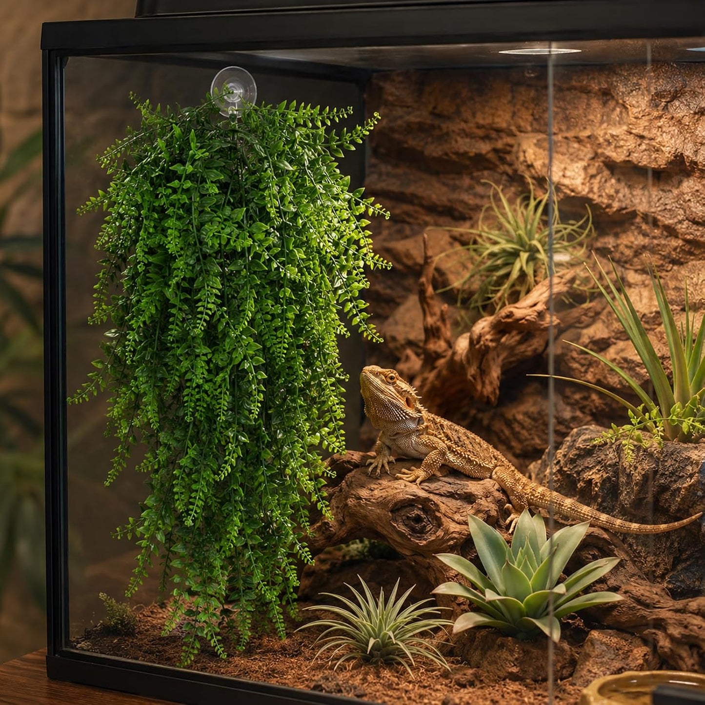 2 Pack Reptile Plants, Terrarium Hanging Plants Vines Artificial Leaves Habitat Decorations with Suction Cup for Bearded Dragon Hermit Crab Lizard Snake Geckos Chameleon