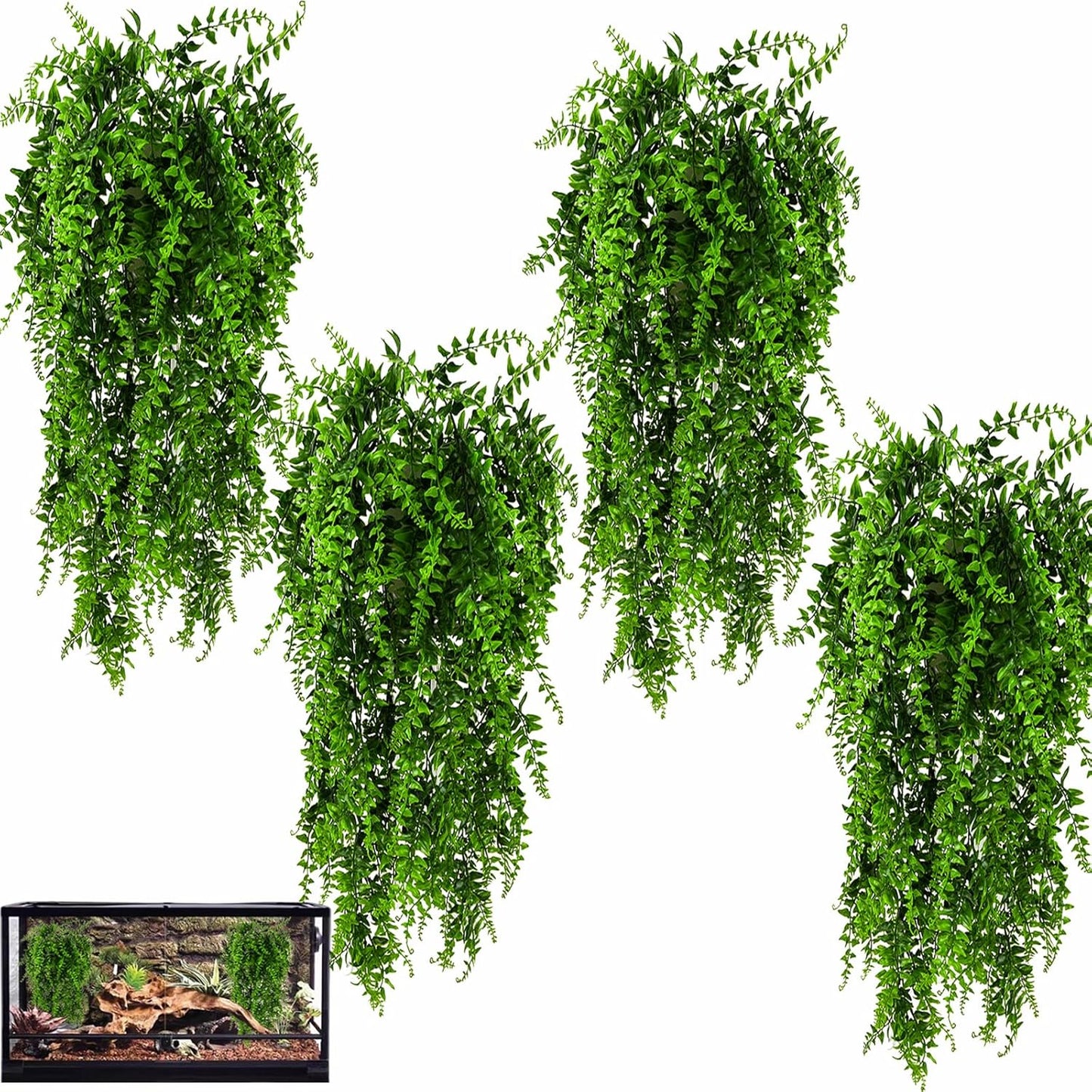 2 Pack Reptile Plants, Terrarium Hanging Plants Vines Artificial Leaves Habitat Decorations with Suction Cup for Bearded Dragon Hermit Crab Lizard Snake Geckos Chameleon