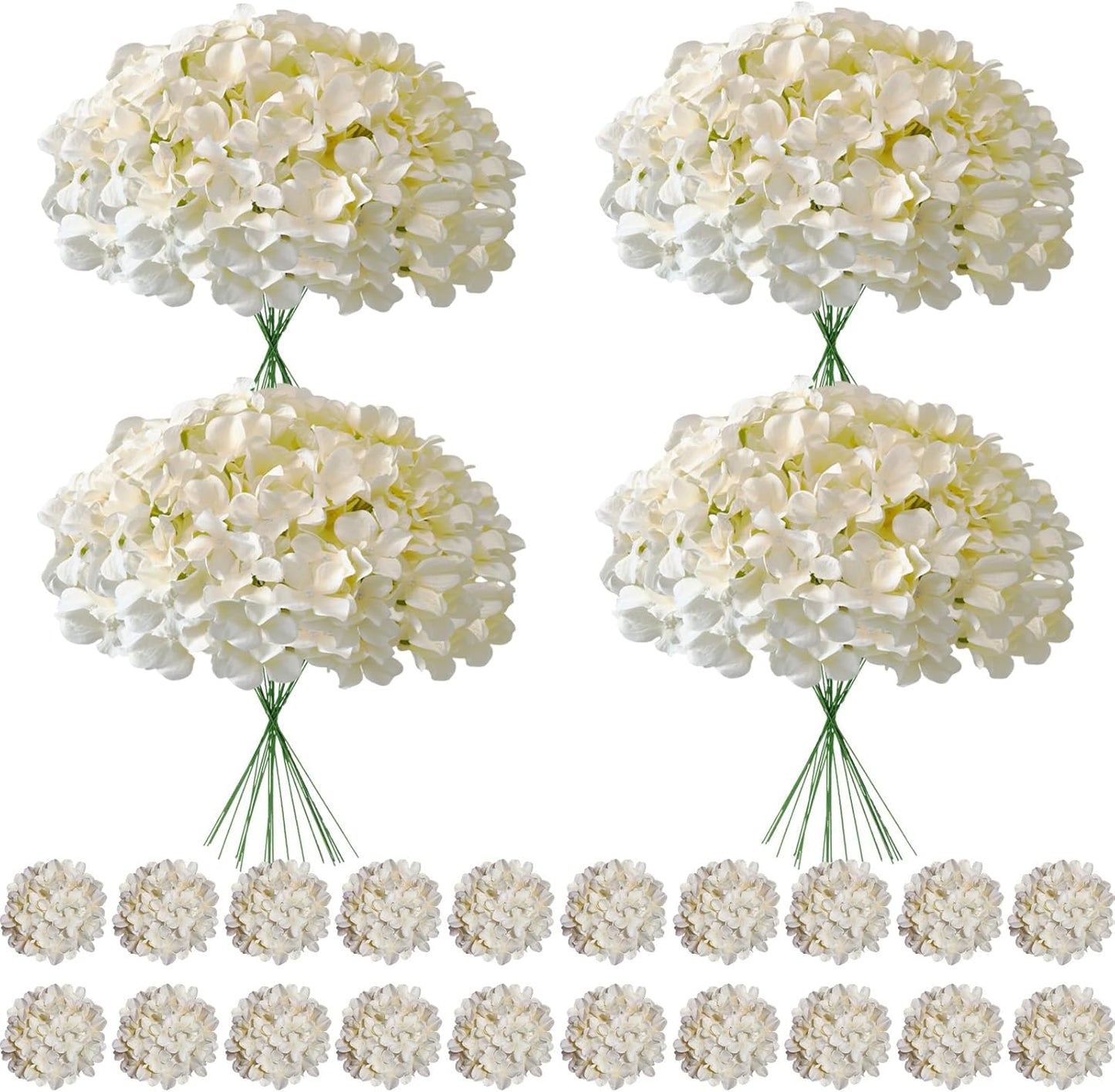 100 Pcs Faux White Hydrangea Artificial Flowers Bulk, Fake Silk Hydrangea Flowers Heads with Stems for Wedding Decorations Garden Party Baby Shower Porch Home Decor Table Centerpieces