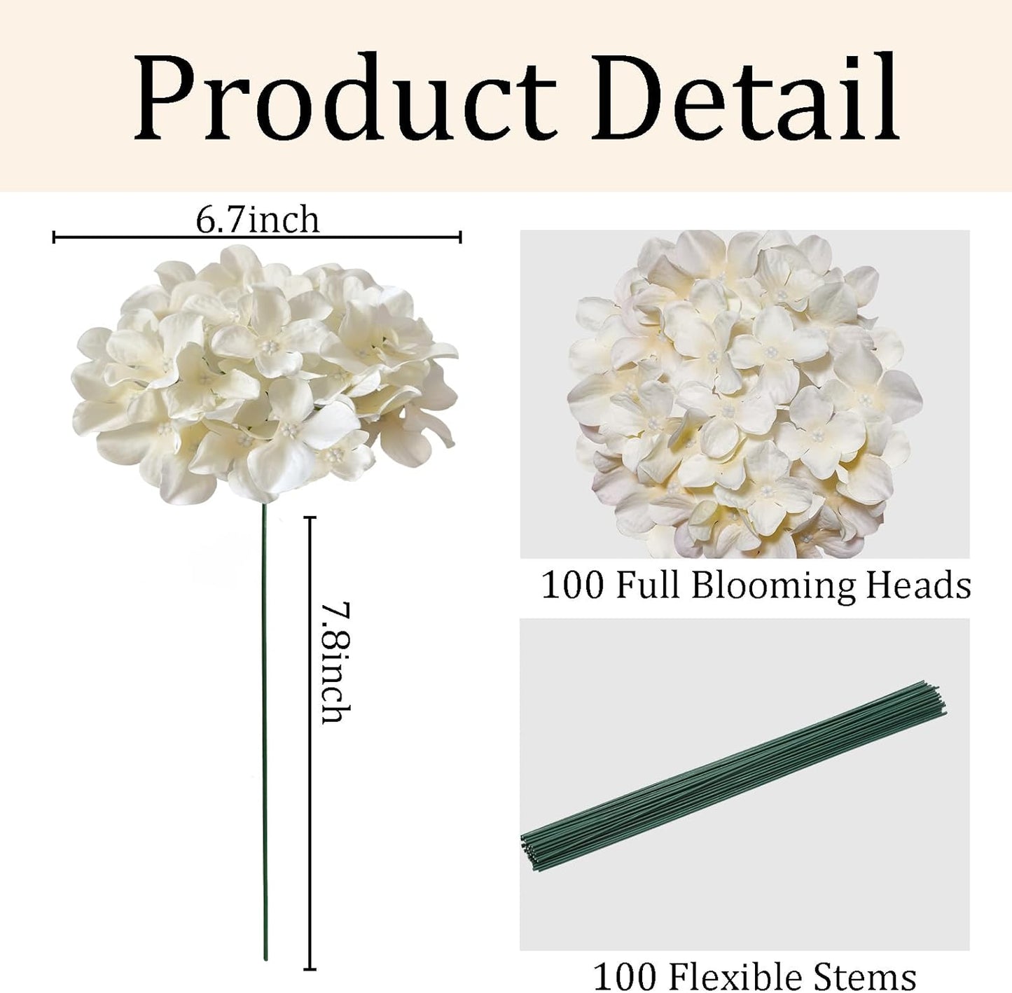 100 Pcs Faux White Hydrangea Artificial Flowers Bulk, Fake Silk Hydrangea Flowers Heads with Stems for Wedding Decorations Garden Party Baby Shower Porch Home Decor Table Centerpieces