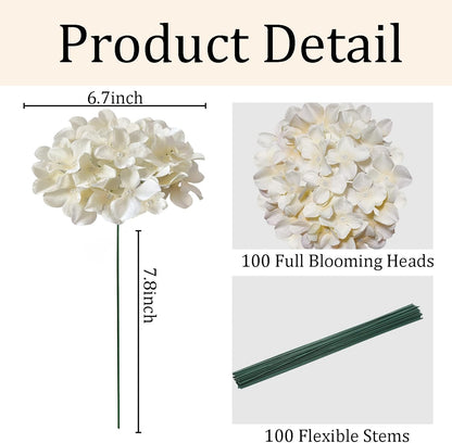 100 Pcs Faux White Hydrangea Artificial Flowers Bulk, Fake Silk Hydrangea Flowers Heads with Stems for Wedding Decorations Garden Party Baby Shower Porch Home Decor Table Centerpieces