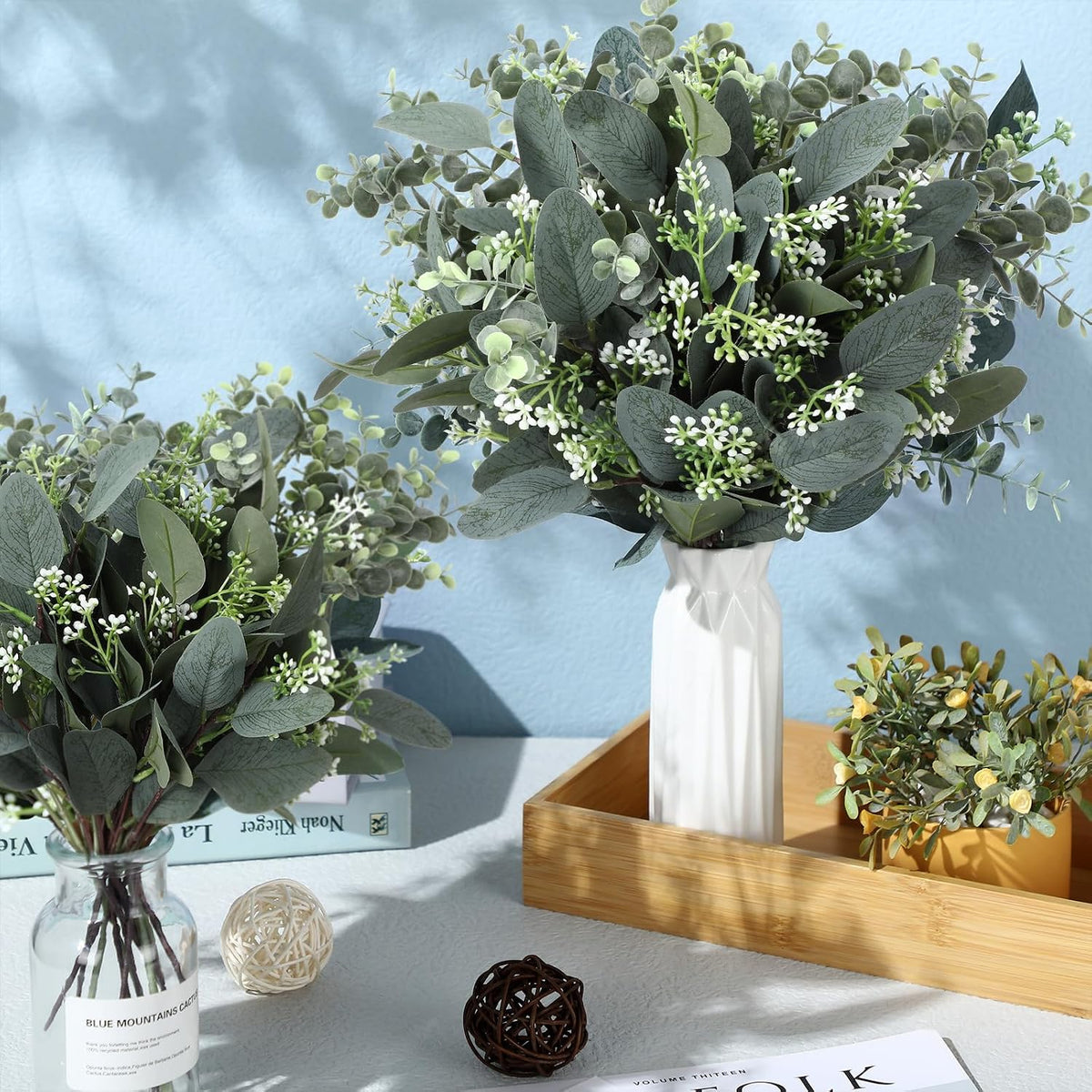 Mixed Eucalyptus Stems, Artificial Greenery White Seeds, 60