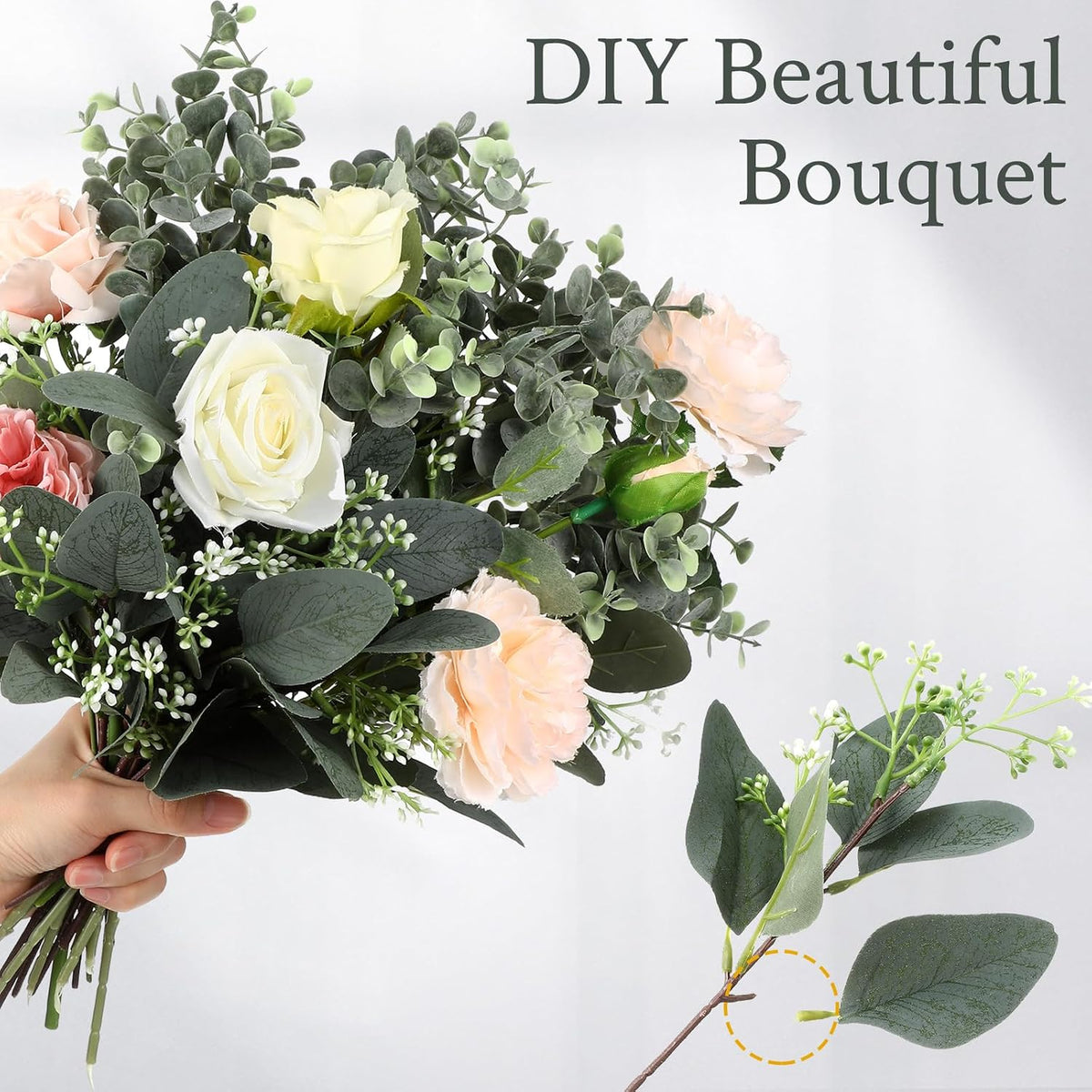 Mixed Eucalyptus Stems, Artificial Greenery White Seeds, 60