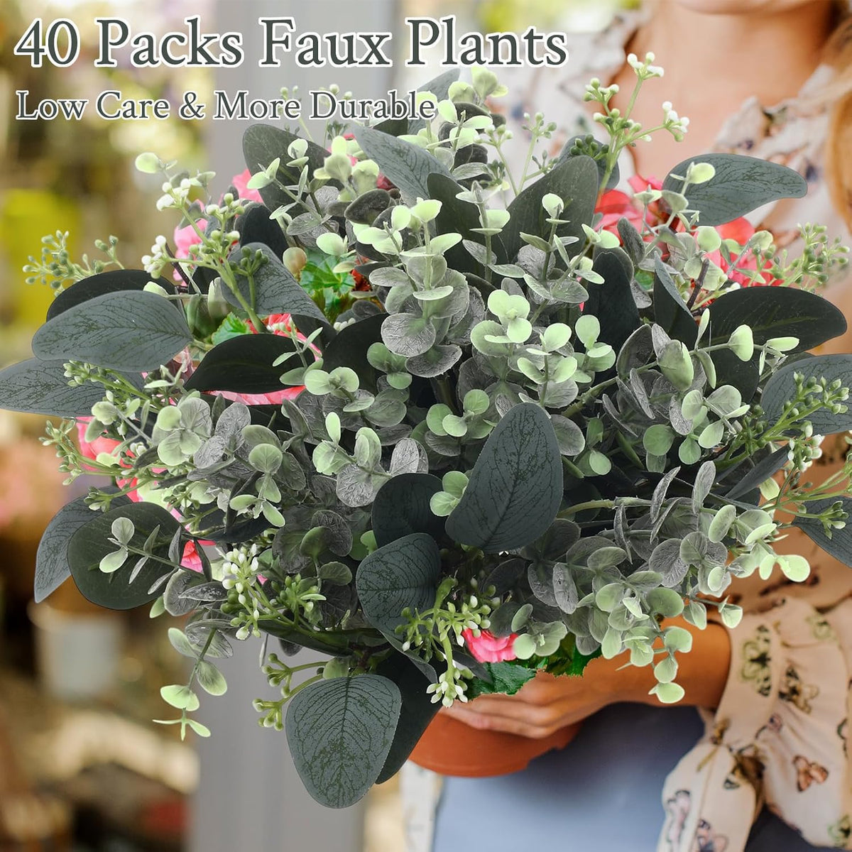 Mixed Eucalyptus Stems, Artificial Greenery White Seeds, 60