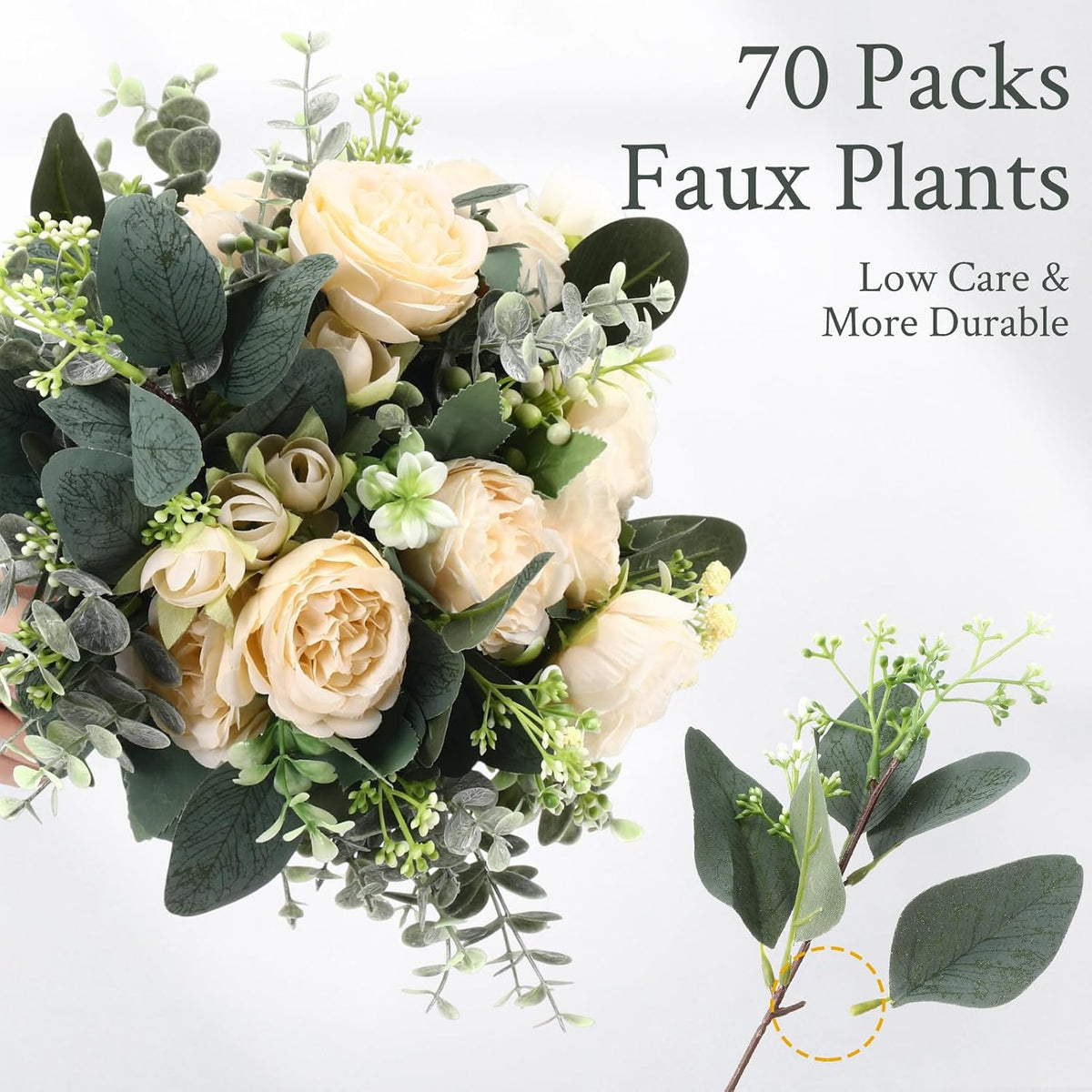 Mixed Eucalyptus Stems, Artificial Greenery White Seeds, 60