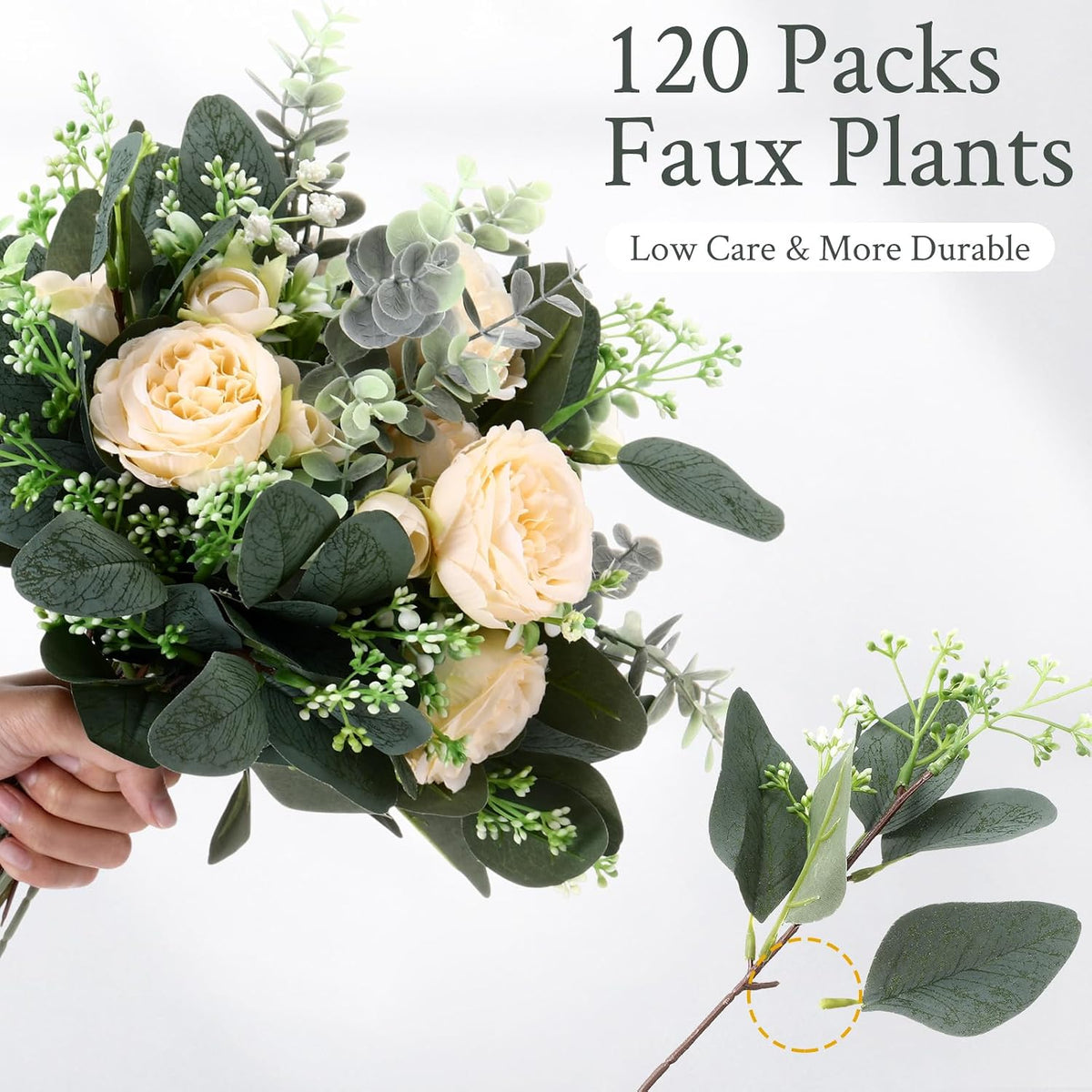 Mixed Eucalyptus Stems, Artificial Greenery White Seeds, 60