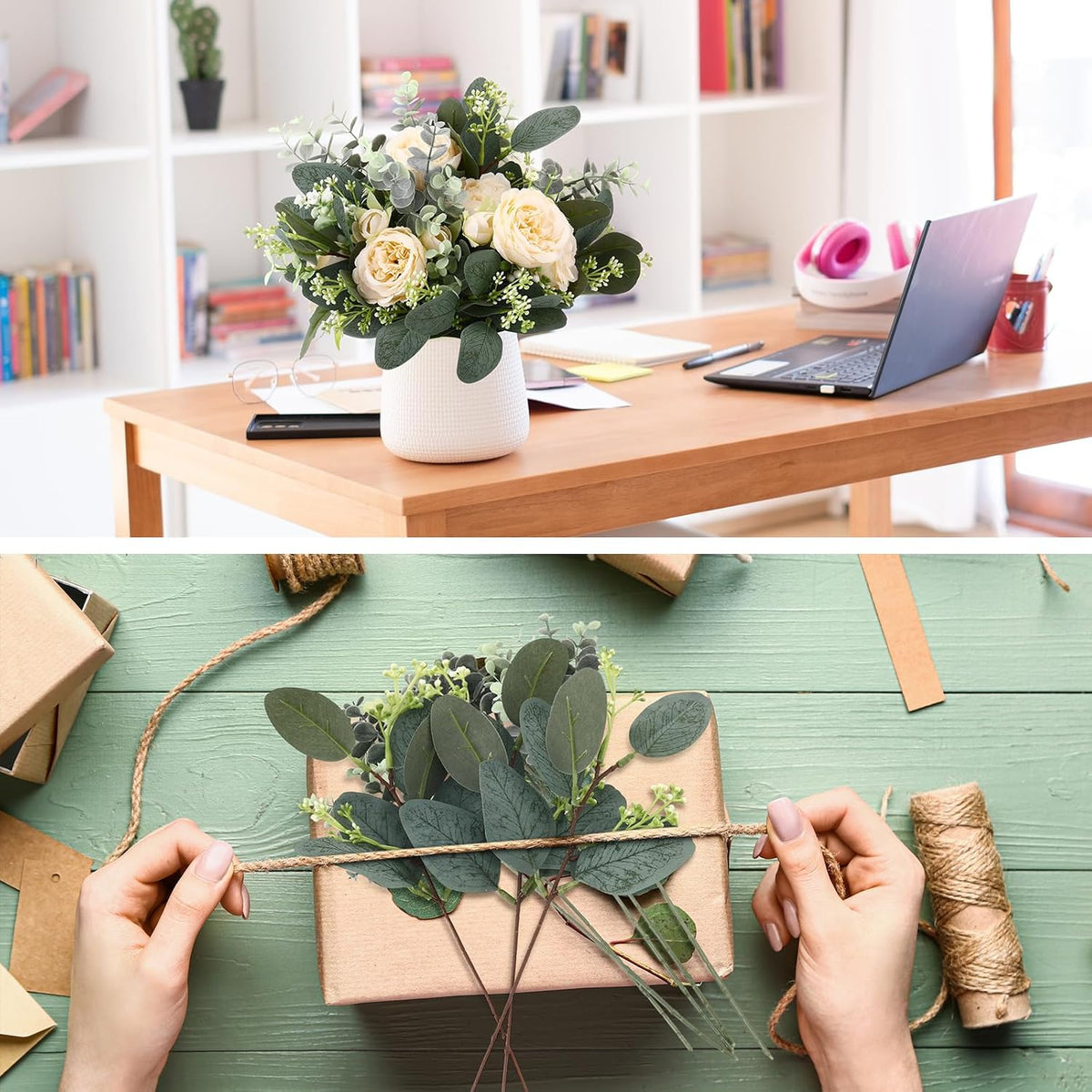 Mixed Eucalyptus Stems, Artificial Greenery White Seeds, 60