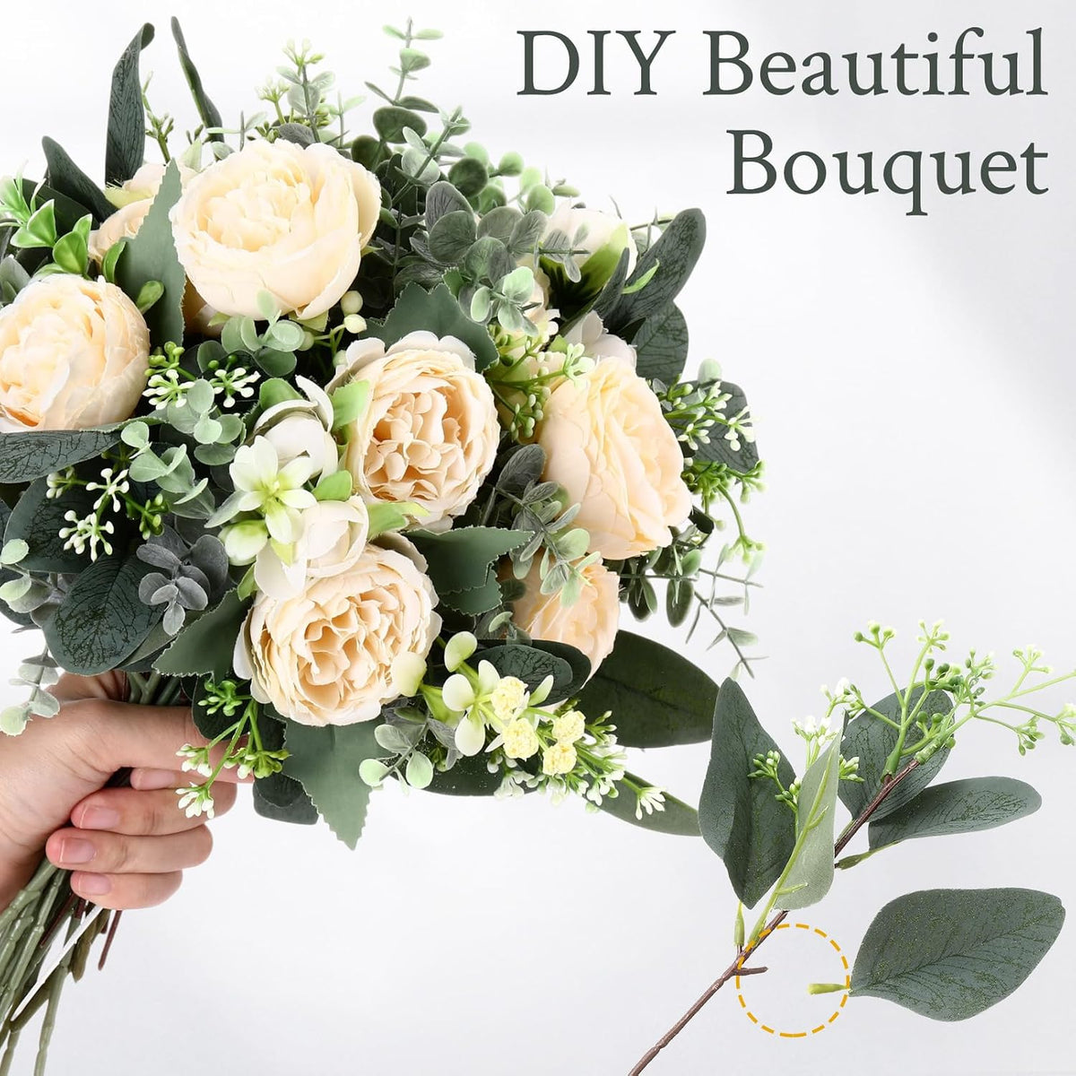 Mixed Eucalyptus Stems, Artificial Greenery White Seeds, 60