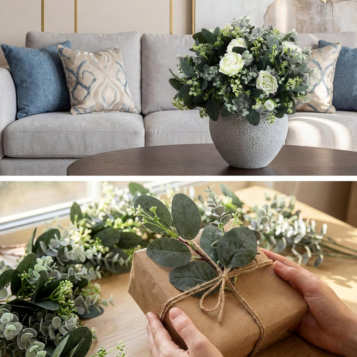 Mixed Eucalyptus Stems, Artificial Greenery White Seeds, 60