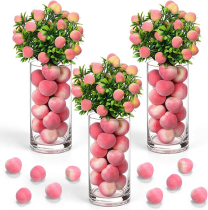3 Set Artificial Peach Decor with 3 Glass Vase 6 Artificial Peach Branches and 60 Peaches, Plastic Plant Stem Ornament for Home Indoor Office Table Centerpieces Desk Decoration