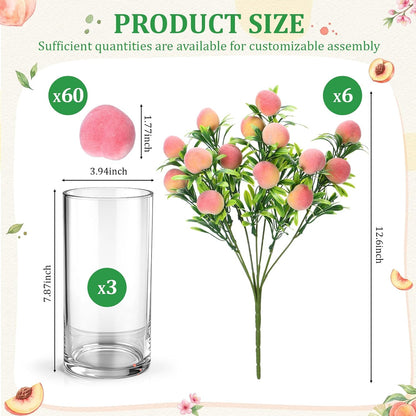3 Set Artificial Peach Decor with 3 Glass Vase 6 Artificial Peach Branches and 60 Peaches, Plastic Plant Stem Ornament for Home Indoor Office Table Centerpieces Desk Decoration