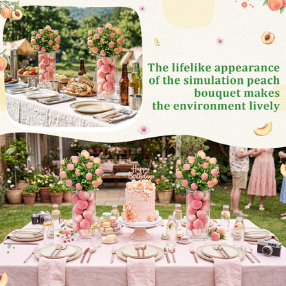 3 Set Artificial Peach Decor with 3 Glass Vase 6 Artificial Peach Branches and 60 Peaches, Plastic Plant Stem Ornament for Home Indoor Office Table Centerpieces Desk Decoration