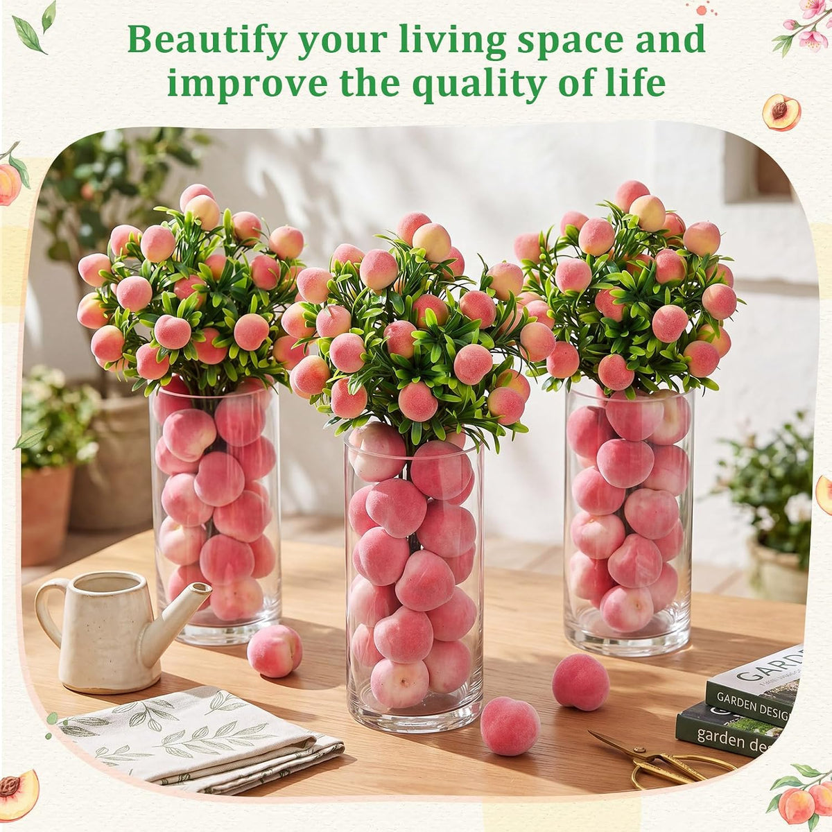 3 Set Artificial Peach Decor with 3 Glass Vase 6 Artificial Peach Branches and 60 Peaches, Plastic Plant Stem Ornament for Home Indoor Office Table Centerpieces Desk Decoration