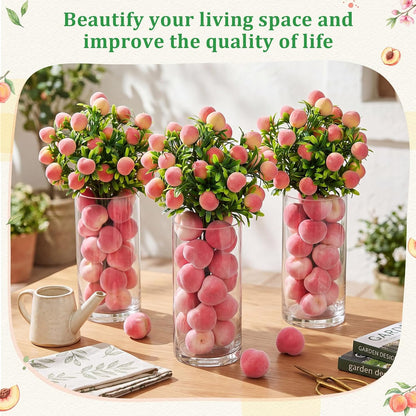 3 Set Artificial Peach Decor with 3 Glass Vase 6 Artificial Peach Branches and 60 Peaches, Plastic Plant Stem Ornament for Home Indoor Office Table Centerpieces Desk Decoration