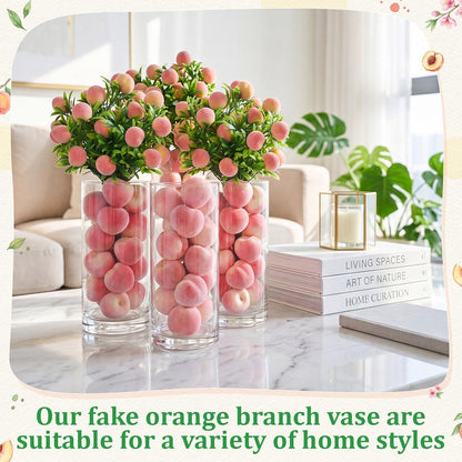 3 Set Artificial Peach Decor with 3 Glass Vase 6 Artificial Peach Branches and 60 Peaches, Plastic Plant Stem Ornament for Home Indoor Office Table Centerpieces Desk Decoration