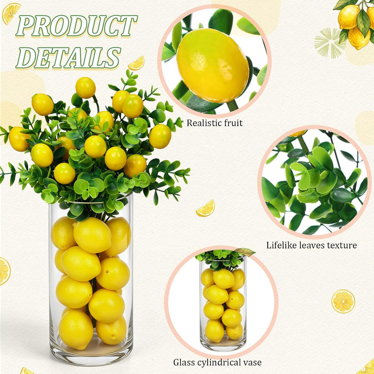 3 Set Artificial Peach Decor with 3 Glass Vase 6 Artificial Peach Branches and 60 Peaches, Plastic Plant Stem Ornament for Home Indoor Office Table Centerpieces Desk Decoration