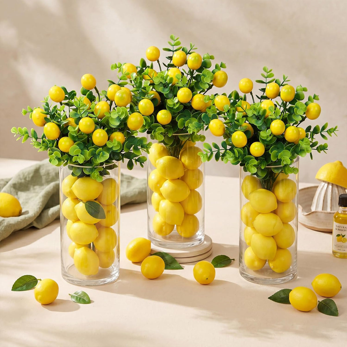 3 Set Artificial Peach Decor with 3 Glass Vase 6 Artificial Peach Branches and 60 Peaches, Plastic Plant Stem Ornament for Home Indoor Office Table Centerpieces Desk Decoration