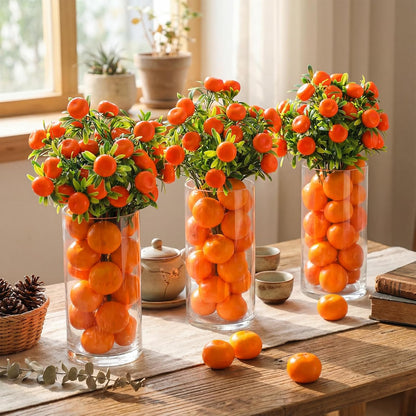 3 Set Artificial Peach Decor with 3 Glass Vase 6 Artificial Peach Branches and 60 Peaches, Plastic Plant Stem Ornament for Home Indoor Office Table Centerpieces Desk Decoration