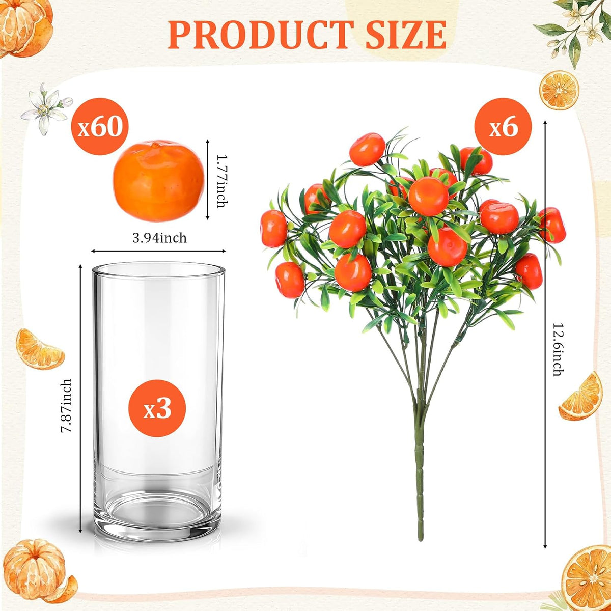 3 Set Artificial Peach Decor with 3 Glass Vase 6 Artificial Peach Branches and 60 Peaches, Plastic Plant Stem Ornament for Home Indoor Office Table Centerpieces Desk Decoration