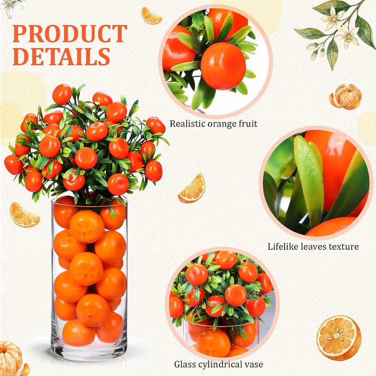 3 Set Artificial Peach Decor with 3 Glass Vase 6 Artificial Peach Branches and 60 Peaches, Plastic Plant Stem Ornament for Home Indoor Office Table Centerpieces Desk Decoration