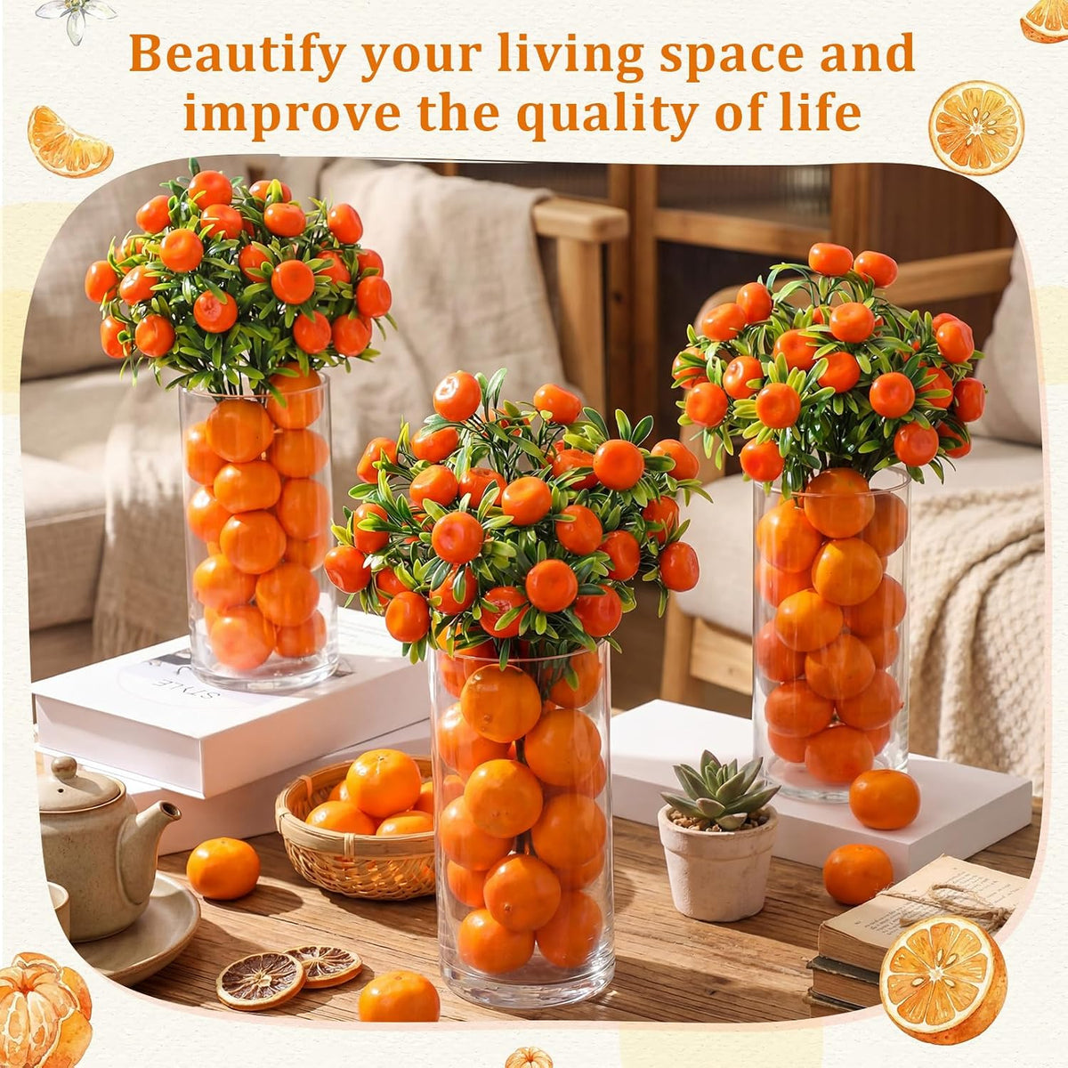 3 Set Artificial Peach Decor with 3 Glass Vase 6 Artificial Peach Branches and 60 Peaches, Plastic Plant Stem Ornament for Home Indoor Office Table Centerpieces Desk Decoration