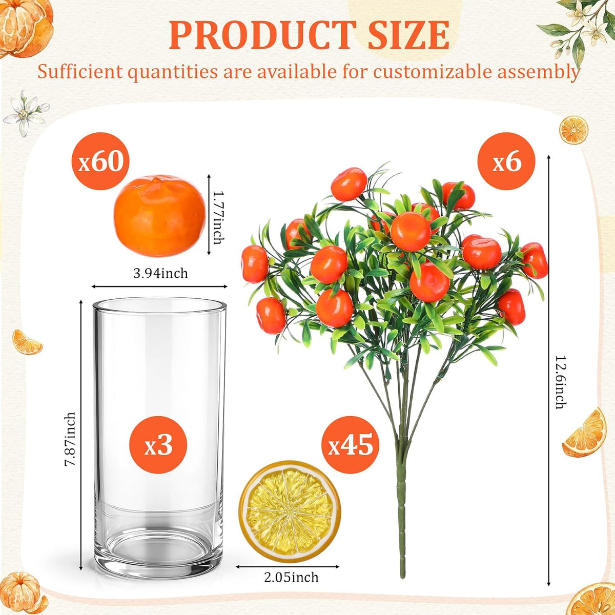 3 Set Artificial Peach Decor with 3 Glass Vase 6 Artificial Peach Branches and 60 Peaches, Plastic Plant Stem Ornament for Home Indoor Office Table Centerpieces Desk Decoration