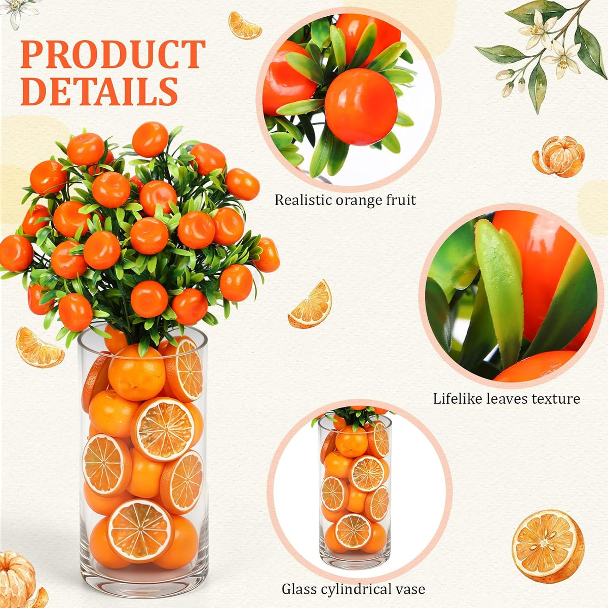 3 Set Artificial Peach Decor with 3 Glass Vase 6 Artificial Peach Branches and 60 Peaches, Plastic Plant Stem Ornament for Home Indoor Office Table Centerpieces Desk Decoration