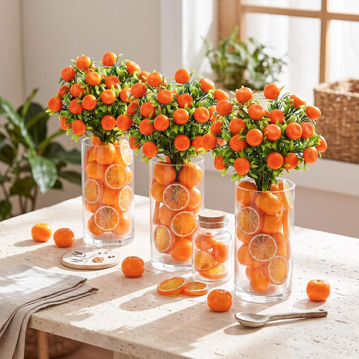 3 Set Artificial Peach Decor with 3 Glass Vase 6 Artificial Peach Branches and 60 Peaches, Plastic Plant Stem Ornament for Home Indoor Office Table Centerpieces Desk Decoration