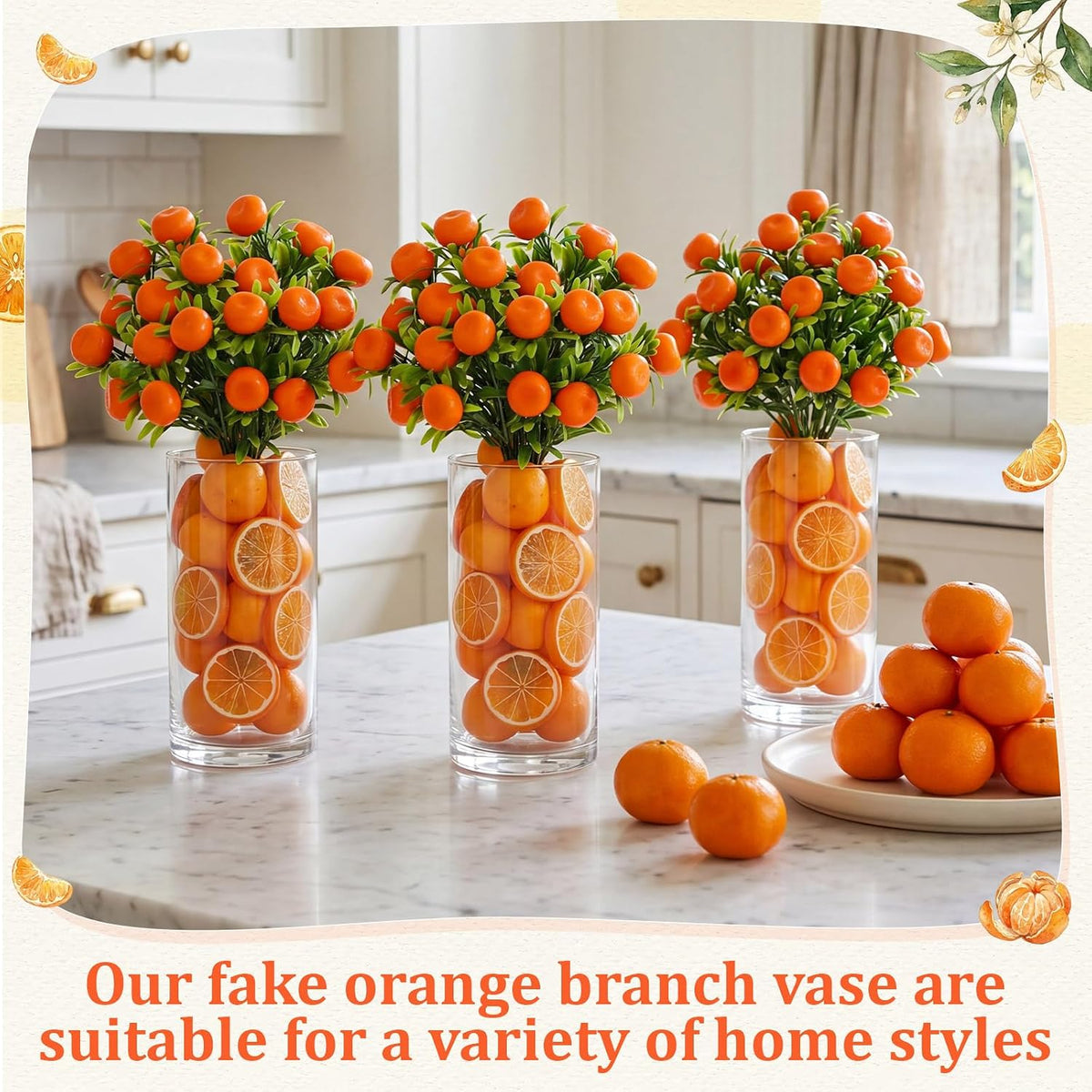 3 Set Artificial Peach Decor with 3 Glass Vase 6 Artificial Peach Branches and 60 Peaches, Plastic Plant Stem Ornament for Home Indoor Office Table Centerpieces Desk Decoration