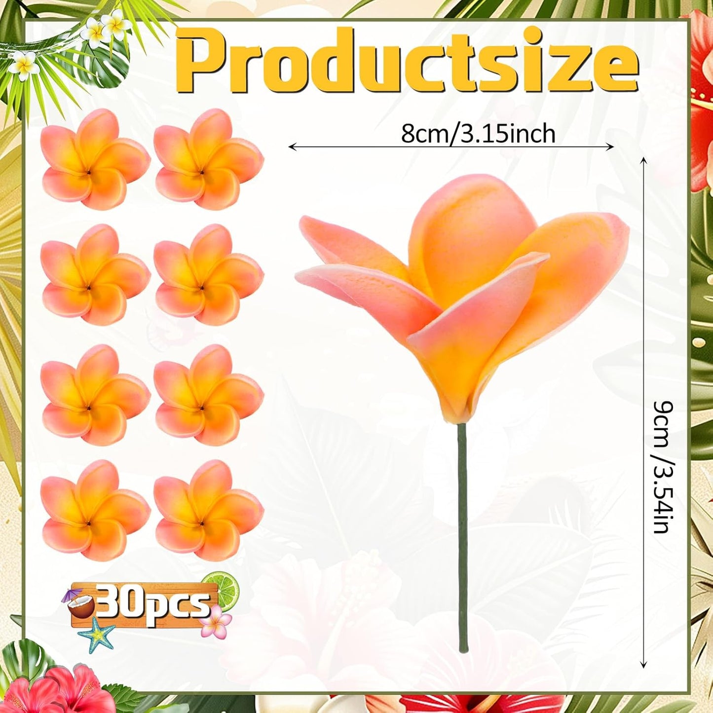 30 Pcs Hawaiian Plumeria Frangipani PU Artificial Flowers Tropical Flowers with Stems for DIY Real to Touch Birthday Gifts Wedding Home Hawaiian Party Decor Table Centerpiece (Orange Pink)