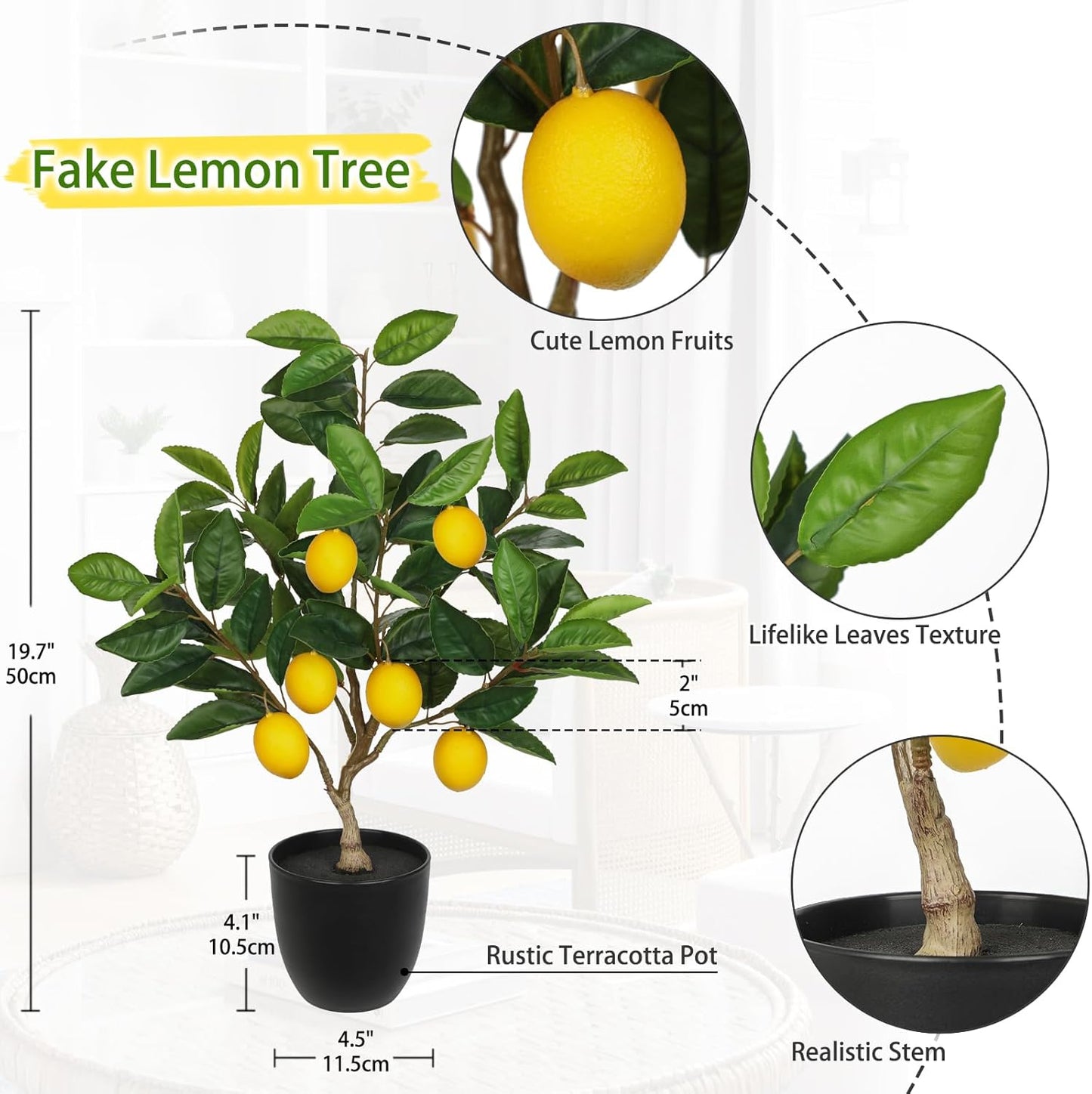 Artificial Potted Plants 19.7 inches Small Fake Lemon Tree Artificial Lemons Citrus Tree with Black Pot Faux Plants Indoor Lemon Decorations for Home,Office, Living Room Table, Desk