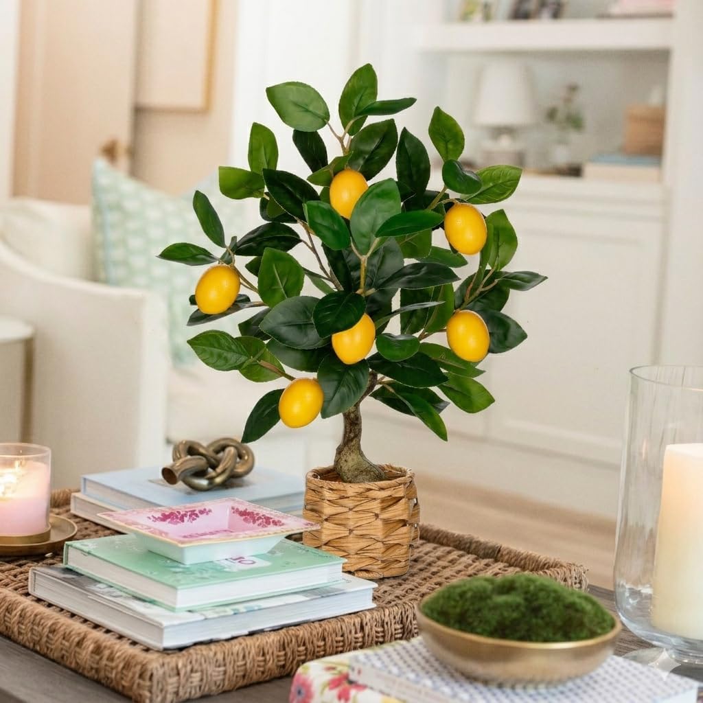 Artificial Potted Plants 19.7 inches Small Fake Lemon Tree Artificial Lemons Citrus Tree with Black Pot Faux Plants Indoor Lemon Decorations for Home,Office, Living Room Table, Desk