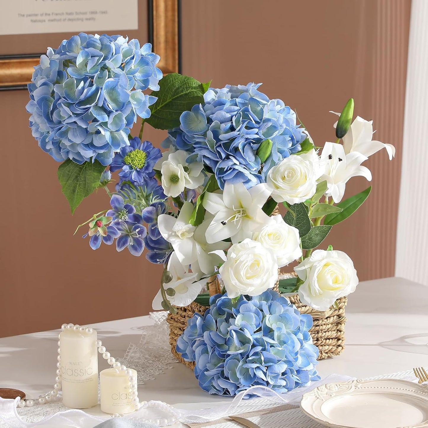 2Pcs Hydrangea Artificial Flowers, 22.44" Real Touch Latex Faux Hydrangea with Long Stems & Leaves for Home Office Decor or Wedding, Party, Centerpieces, Floral Arrangements (White)