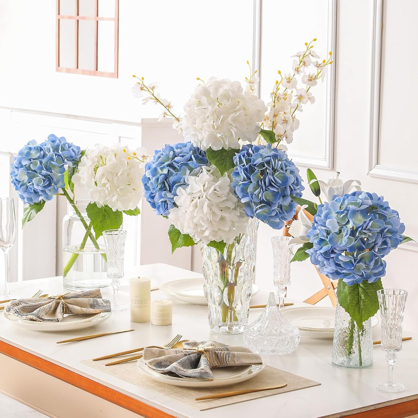 2Pcs Hydrangea Artificial Flowers, 22.44" Real Touch Latex Faux Hydrangea with Long Stems & Leaves for Home Office Decor or Wedding, Party, Centerpieces, Floral Arrangements (White)