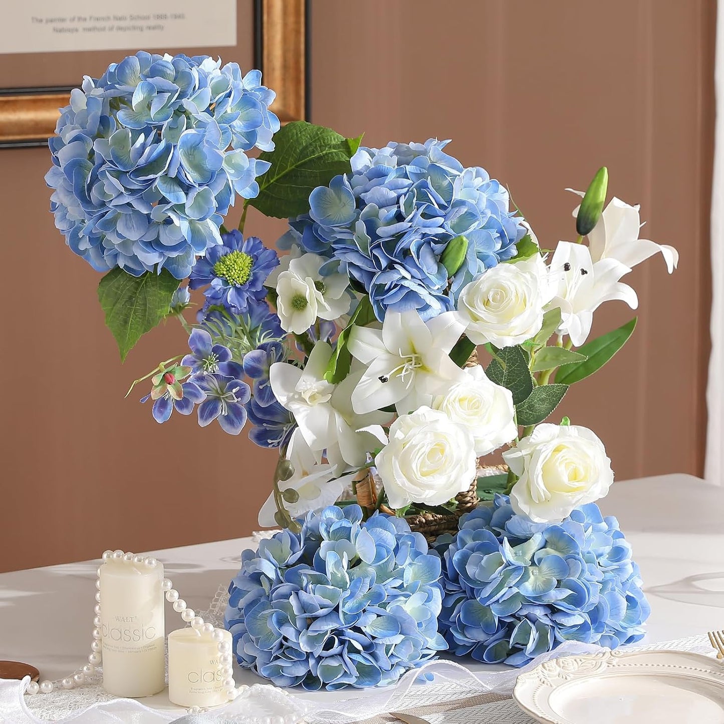 2Pcs Hydrangea Artificial Flowers, 22.44" Real Touch Latex Faux Hydrangea with Long Stems & Leaves for Home Office Decor or Wedding, Party, Centerpieces, Floral Arrangements (White)