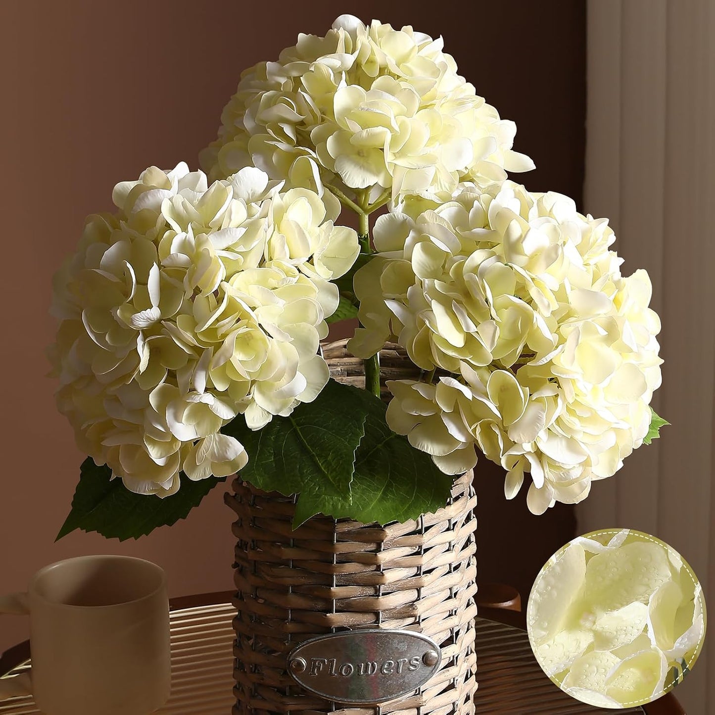 2Pcs Hydrangea Artificial Flowers, 22.44" Real Touch Latex Faux Hydrangea with Long Stems & Leaves for Home Office Decor or Wedding, Party, Centerpieces, Floral Arrangements (White)