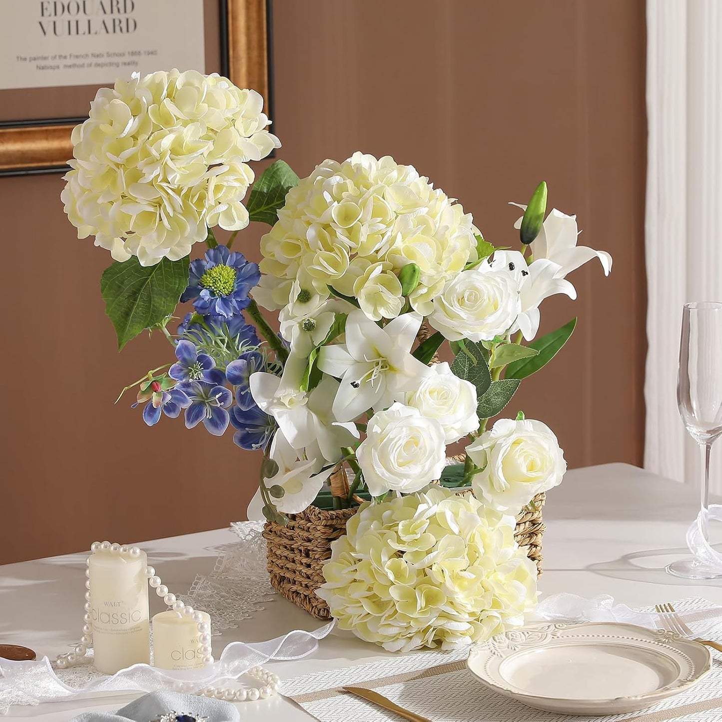 2Pcs Hydrangea Artificial Flowers, 22.44" Real Touch Latex Faux Hydrangea with Long Stems & Leaves for Home Office Decor or Wedding, Party, Centerpieces, Floral Arrangements (White)