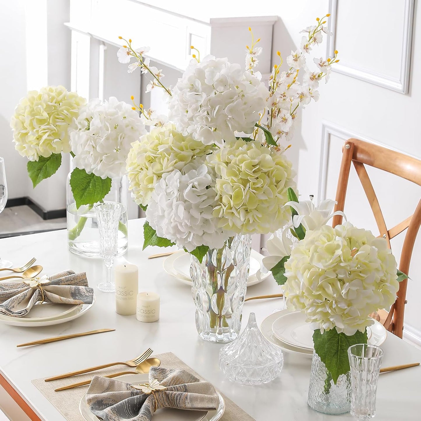 2Pcs Hydrangea Artificial Flowers, 22.44" Real Touch Latex Faux Hydrangea with Long Stems & Leaves for Home Office Decor or Wedding, Party, Centerpieces, Floral Arrangements (White)