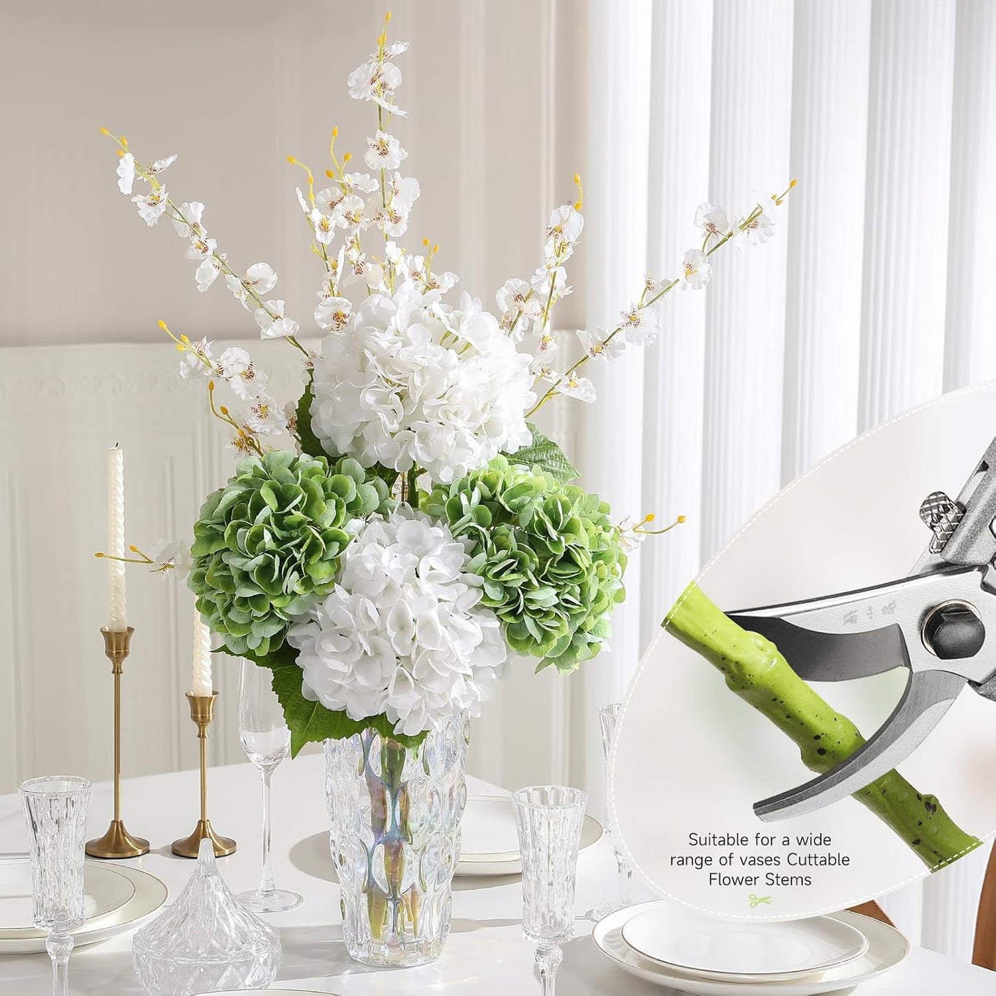 2Pcs Hydrangea Artificial Flowers, 22.44" Real Touch Latex Faux Hydrangea with Long Stems & Leaves for Home Office Decor or Wedding, Party, Centerpieces, Floral Arrangements (White)