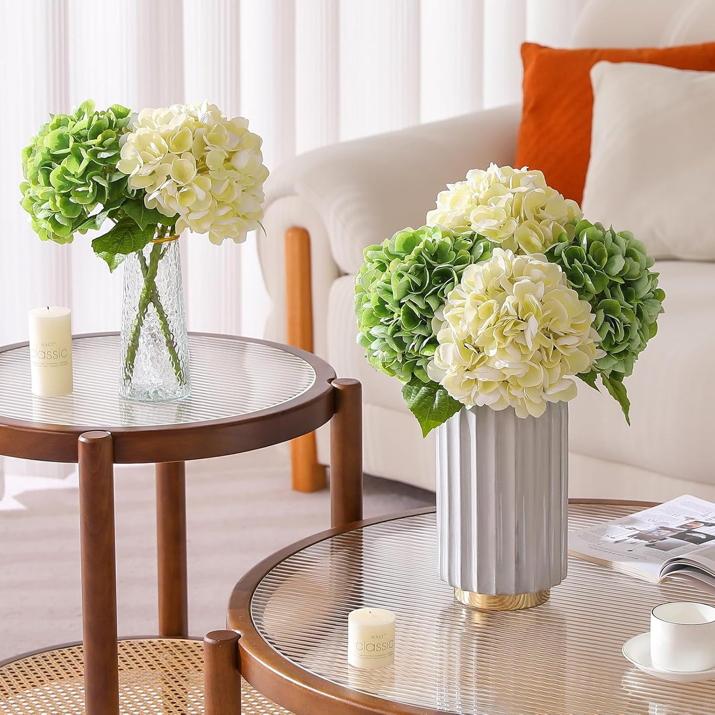 2Pcs Hydrangea Artificial Flowers, 22.44" Real Touch Latex Faux Hydrangea with Long Stems & Leaves for Home Office Decor or Wedding, Party, Centerpieces, Floral Arrangements (White)