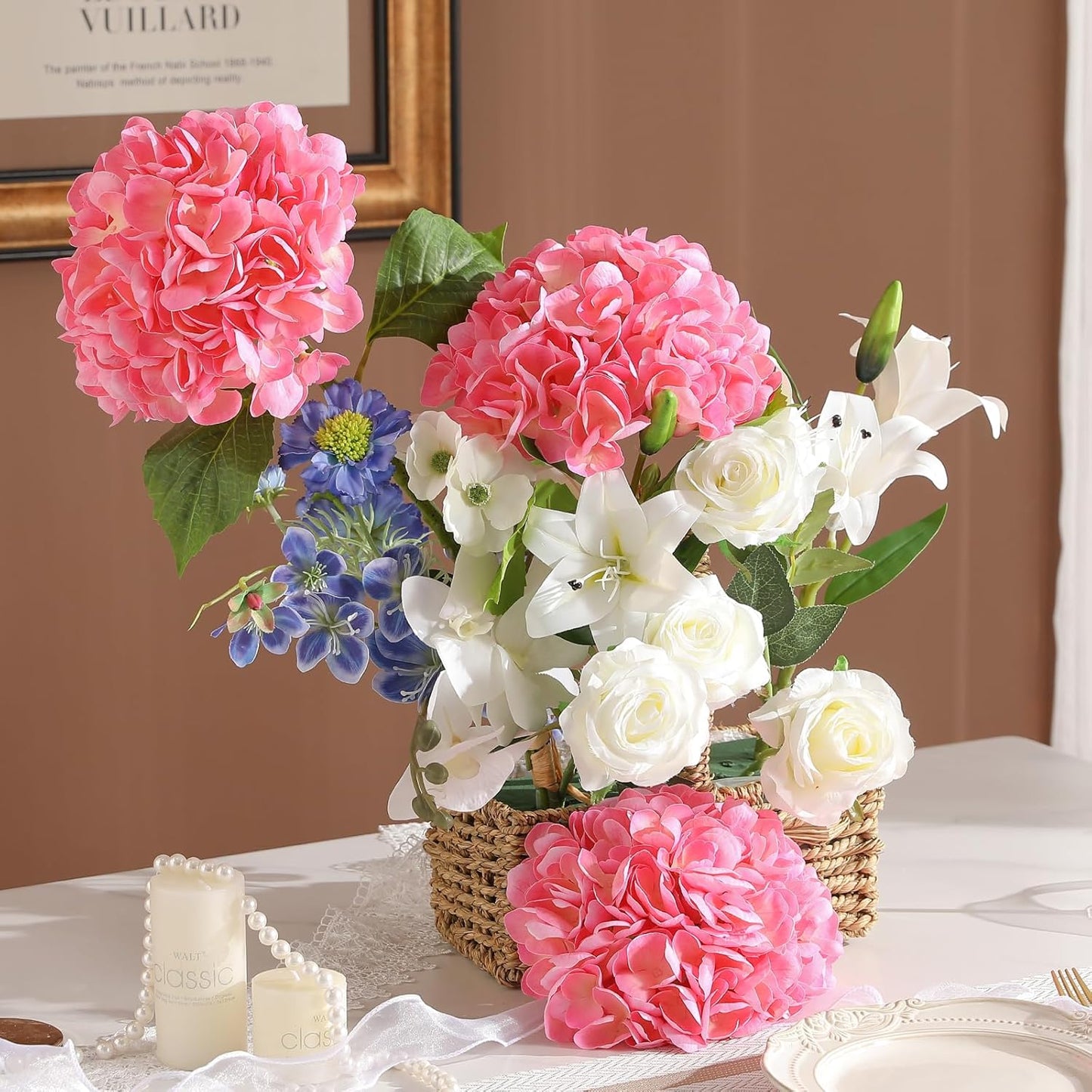 2Pcs Hydrangea Artificial Flowers, 22.44" Real Touch Latex Faux Hydrangea with Long Stems & Leaves for Home Office Decor or Wedding, Party, Centerpieces, Floral Arrangements (White)