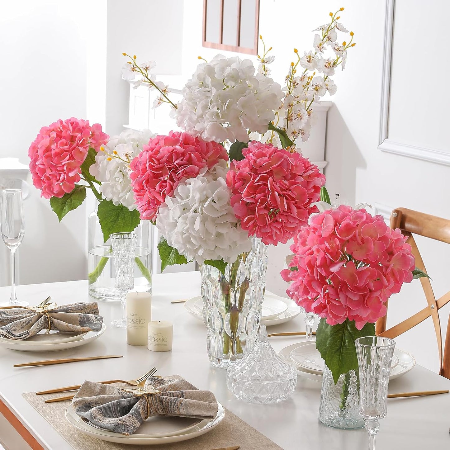 2Pcs Hydrangea Artificial Flowers, 22.44" Real Touch Latex Faux Hydrangea with Long Stems & Leaves for Home Office Decor or Wedding, Party, Centerpieces, Floral Arrangements (White)