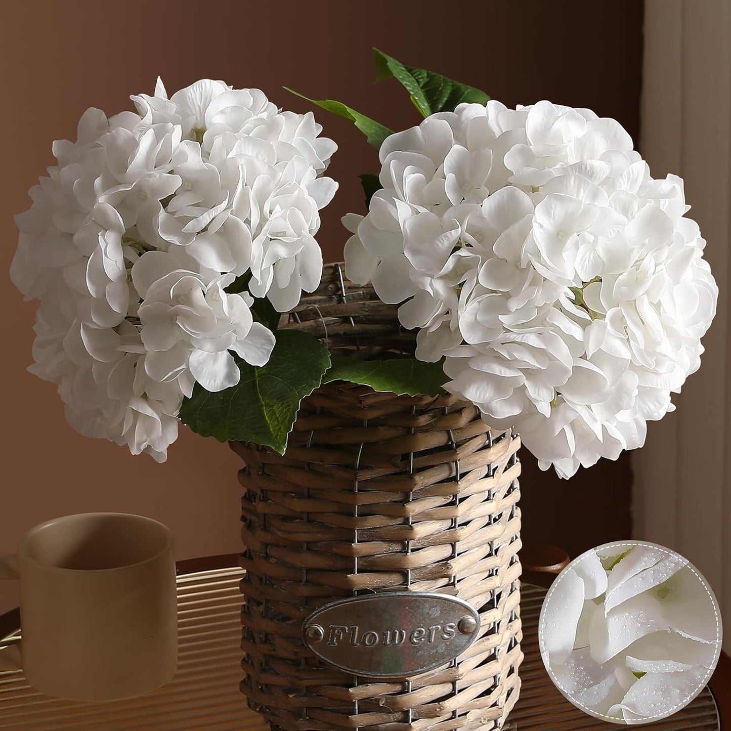 2Pcs Hydrangea Artificial Flowers, 22.44" Real Touch Latex Faux Hydrangea with Long Stems & Leaves for Home Office Decor or Wedding, Party, Centerpieces, Floral Arrangements (White)
