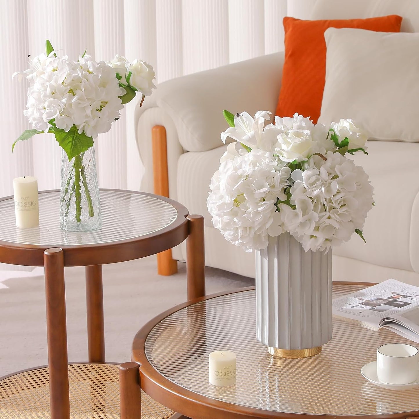 2Pcs Hydrangea Artificial Flowers, 22.44" Real Touch Latex Faux Hydrangea with Long Stems & Leaves for Home Office Decor or Wedding, Party, Centerpieces, Floral Arrangements (White)