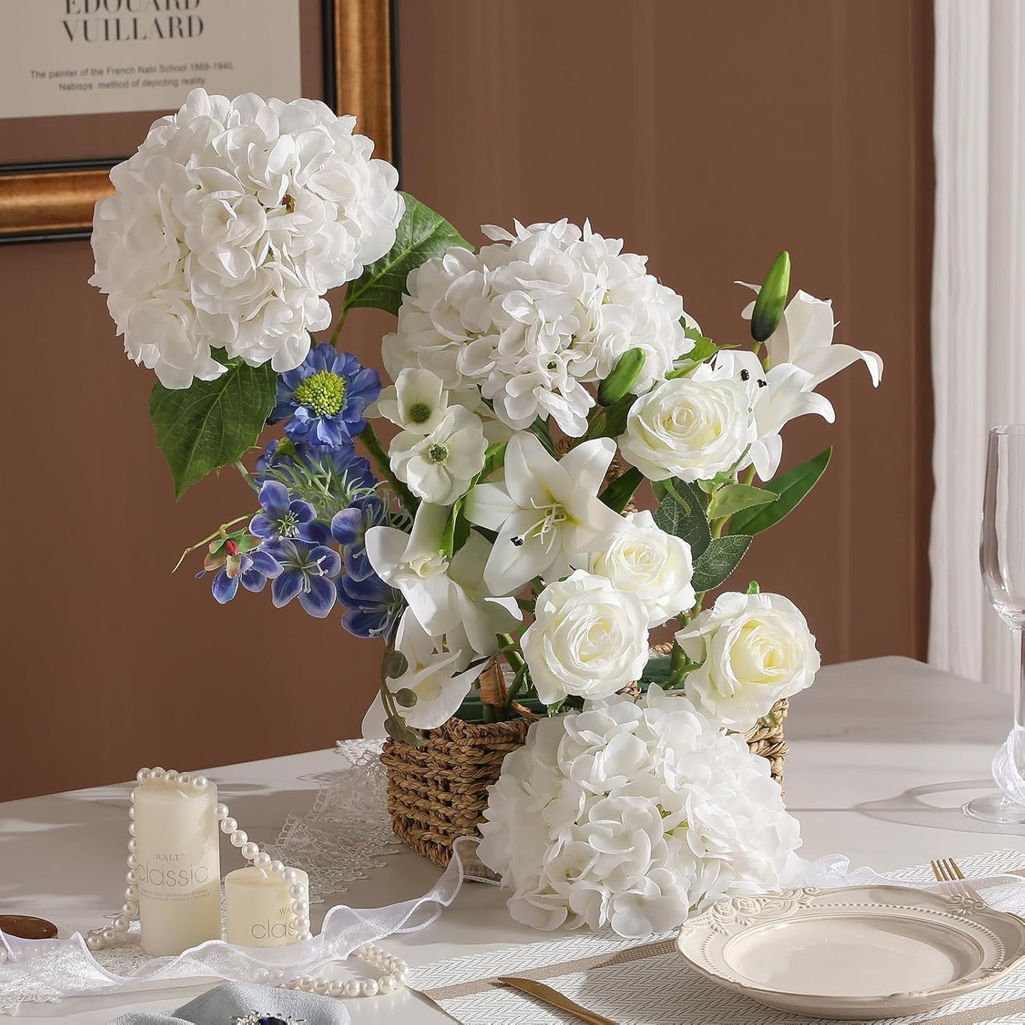 2Pcs Hydrangea Artificial Flowers, 22.44" Real Touch Latex Faux Hydrangea with Long Stems & Leaves for Home Office Decor or Wedding, Party, Centerpieces, Floral Arrangements (White)