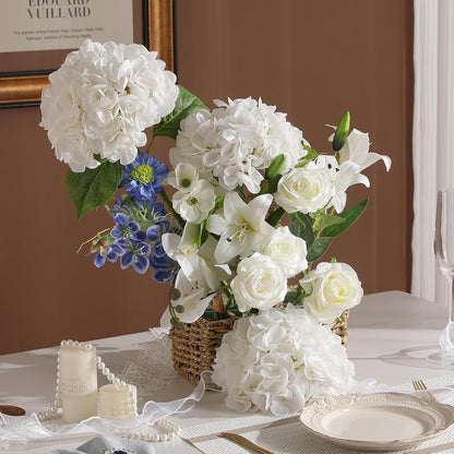 2Pcs Hydrangea Artificial Flowers, 22.44" Real Touch Latex Faux Hydrangea with Long Stems & Leaves for Home Office Decor or Wedding, Party, Centerpieces, Floral Arrangements (White)