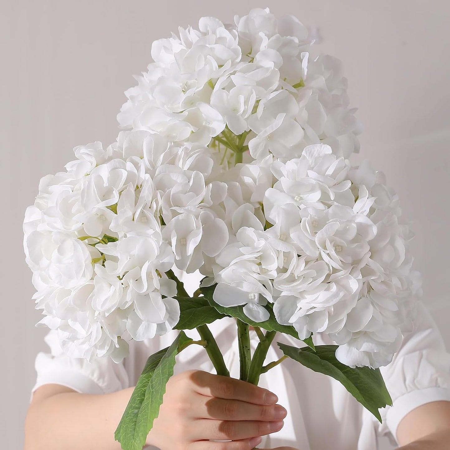 2Pcs Hydrangea Artificial Flowers, 22.44" Real Touch Latex Faux Hydrangea with Long Stems & Leaves for Home Office Decor or Wedding, Party, Centerpieces, Floral Arrangements (White)