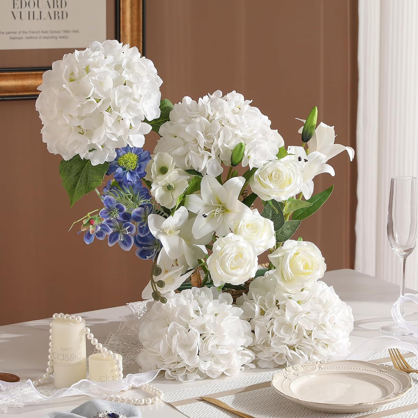 2Pcs Hydrangea Artificial Flowers, 22.44" Real Touch Latex Faux Hydrangea with Long Stems & Leaves for Home Office Decor or Wedding, Party, Centerpieces, Floral Arrangements (White)
