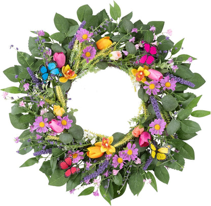 22 Inch Spring Summer Wreaths for Front Door, Artificial Yellow Forsythia Wreath with Green Leaves, Large Silk Floral Wreath for All Seasons Window Wall Wedding Decor